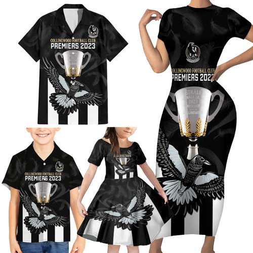 personalised-afl-collingwood-family-matching-short-sleeve-bodycon-dress-and-hawaiian-shirt-magpies-premiers-2023-with-trophy-proud
