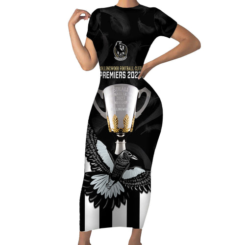 personalised-afl-collingwood-family-matching-short-sleeve-bodycon-dress-and-hawaiian-shirt-magpies-premiers-2023-with-trophy-proud