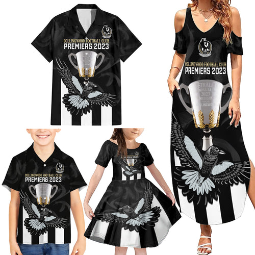 personalised-afl-collingwood-family-matching-summer-maxi-dress-and-hawaiian-shirt-magpies-premiers-2023-with-trophy-proud