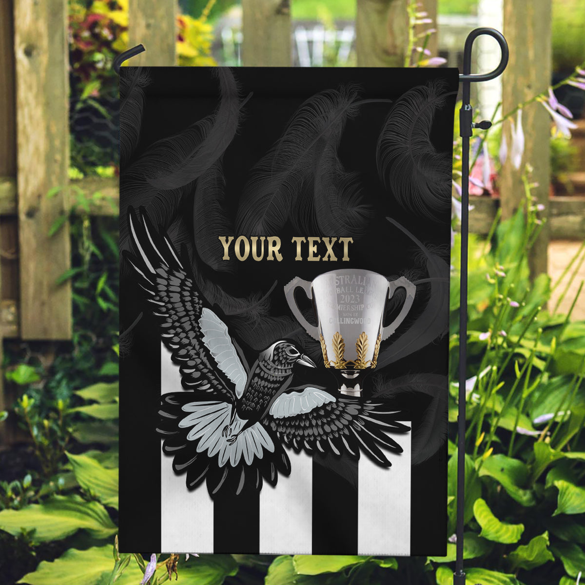 Personalised AFL Collingwood Garden Flag Magpies Premiers 2023 With Trophy Proud LT14
