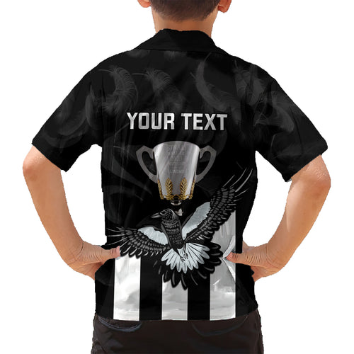 personalised-afl-collingwood-hawaiian-shirt-magpies-premiers-2023-with-trophy-proud