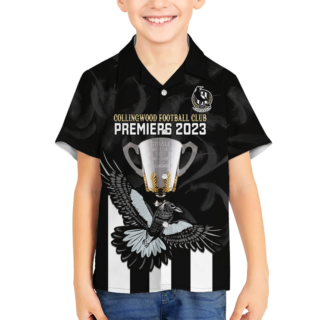personalised-afl-collingwood-kid-hawaiian-shirt-magpies-premiers-2023-with-trophy-proud