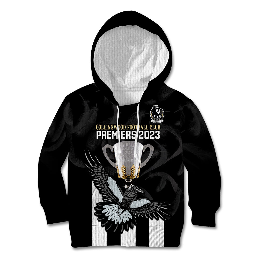 personalised-afl-collingwood-kid-hoodie-magpies-premiers-2023-with-trophy-proud