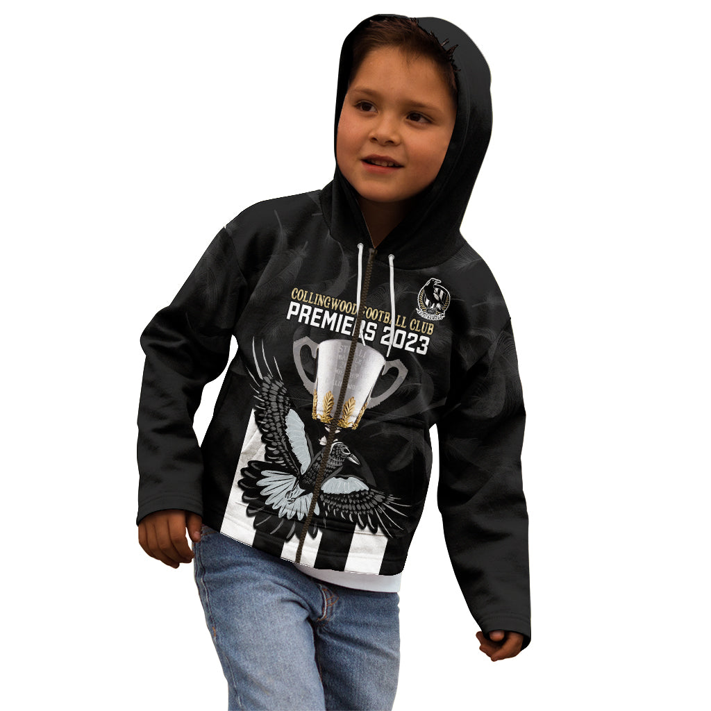 personalised-afl-collingwood-kid-hoodie-magpies-premiers-2023-with-trophy-proud