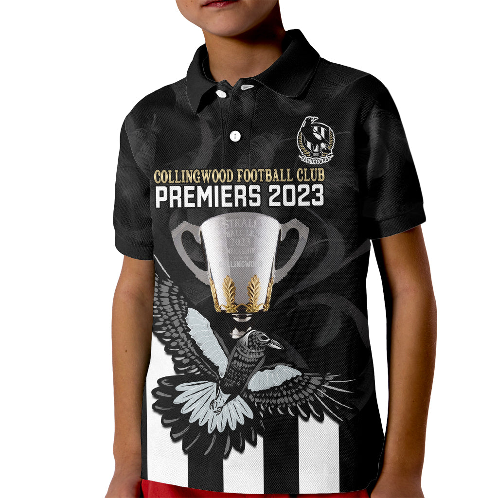 personalised-afl-collingwood-kid-polo-shirt-magpies-premiers-2023-with-trophy-proud
