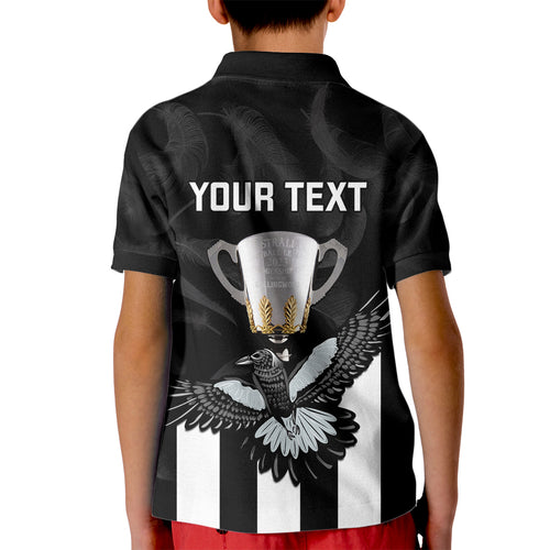 personalised-afl-collingwood-kid-polo-shirt-magpies-premiers-2023-with-trophy-proud