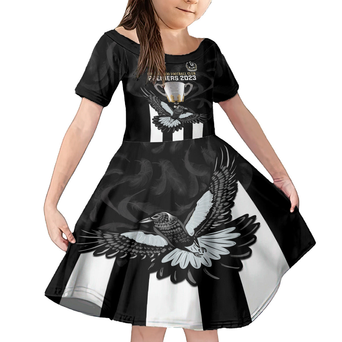 personalised-afl-collingwood-kid-short-sleeve-dress-magpies-premiers-2023-with-trophy-proud