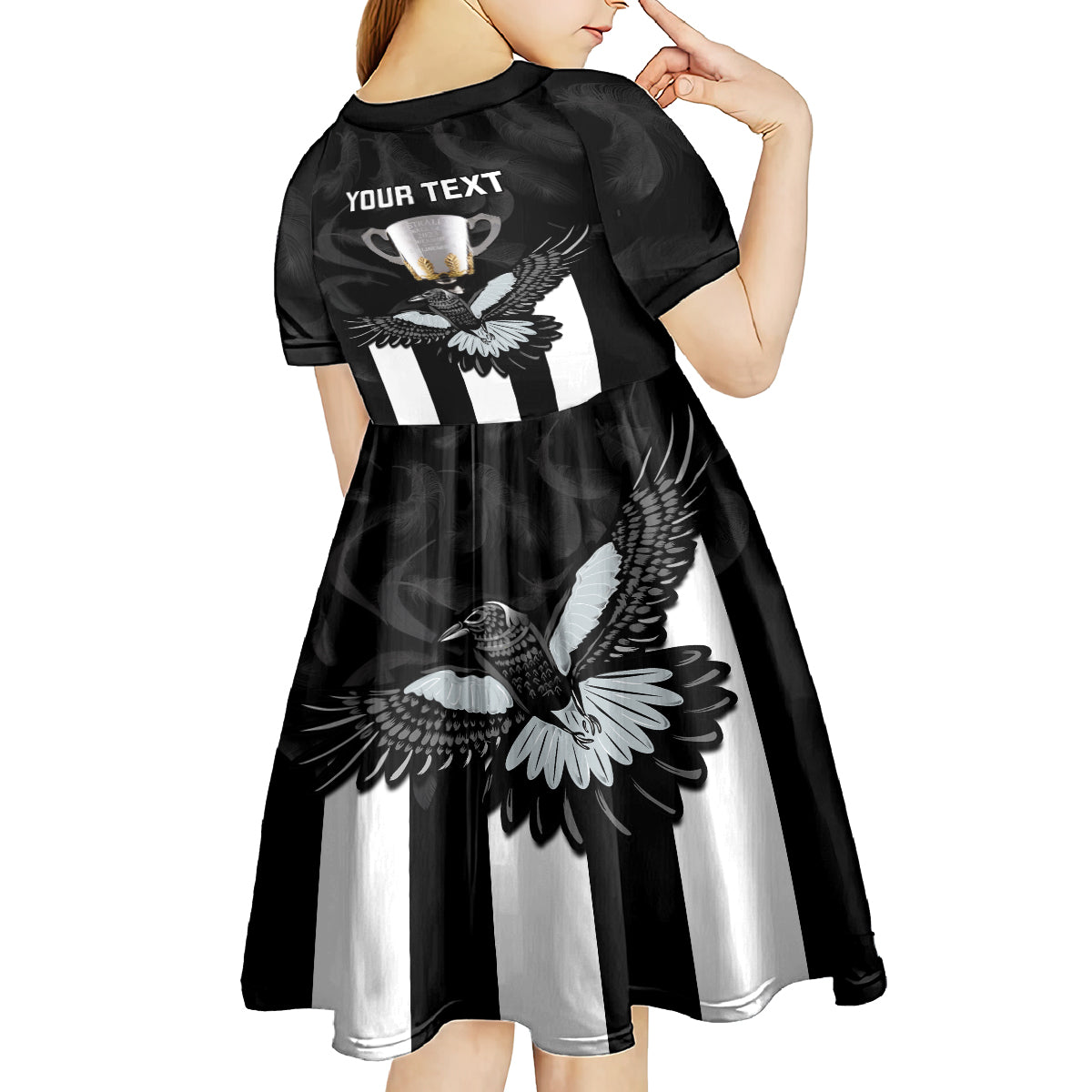 personalised-afl-collingwood-kid-short-sleeve-dress-magpies-premiers-2023-with-trophy-proud