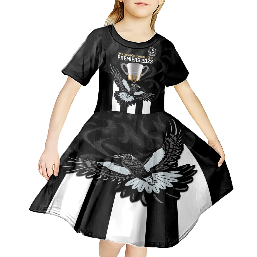 personalised-afl-collingwood-kid-short-sleeve-dress-magpies-premiers-2023-with-trophy-proud