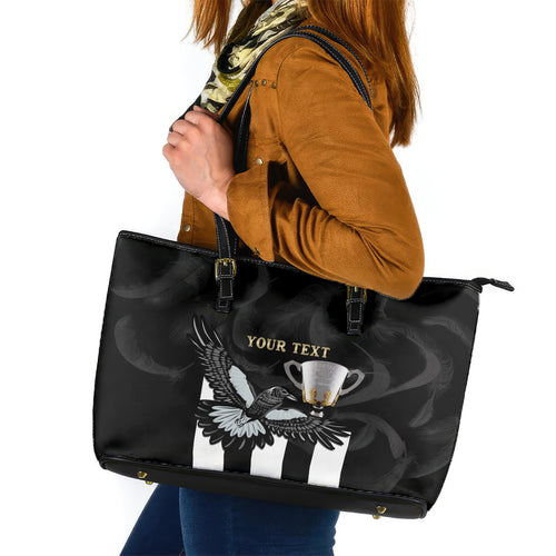 Personalised AFL Collingwood Leather Tote Bag Magpies Premiers 2023 With Trophy Proud LT14