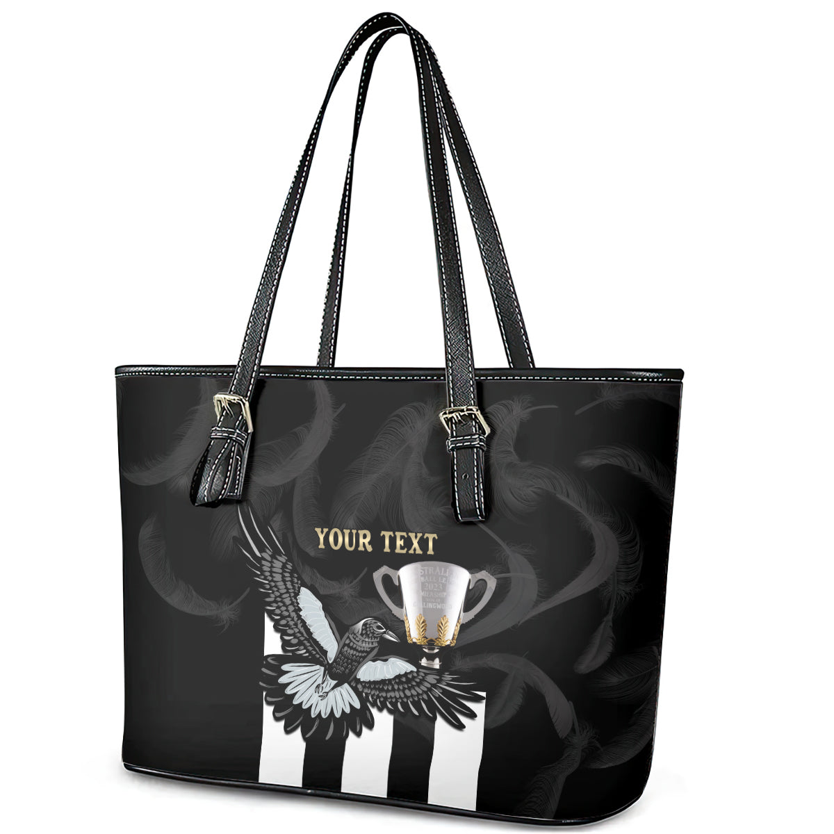 Personalised AFL Collingwood Leather Tote Bag Magpies Premiers 2023 With Trophy Proud LT14