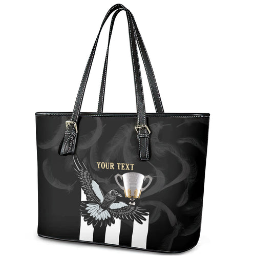 Personalised AFL Collingwood Leather Tote Bag Magpies Premiers 2023 With Trophy Proud LT14
