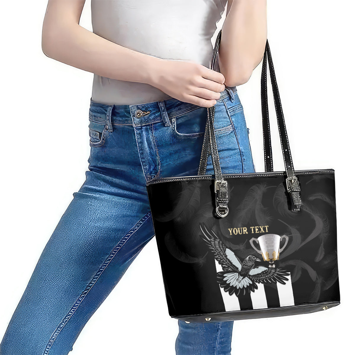 Personalised AFL Collingwood Leather Tote Bag Magpies Premiers 2023 With Trophy Proud LT14