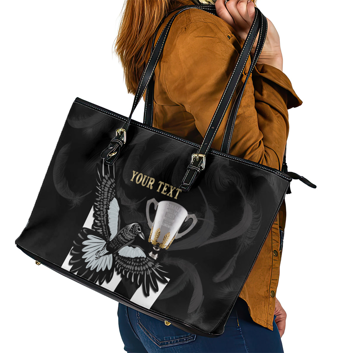 Personalised AFL Collingwood Leather Tote Bag Magpies Premiers 2023 With Trophy Proud LT14