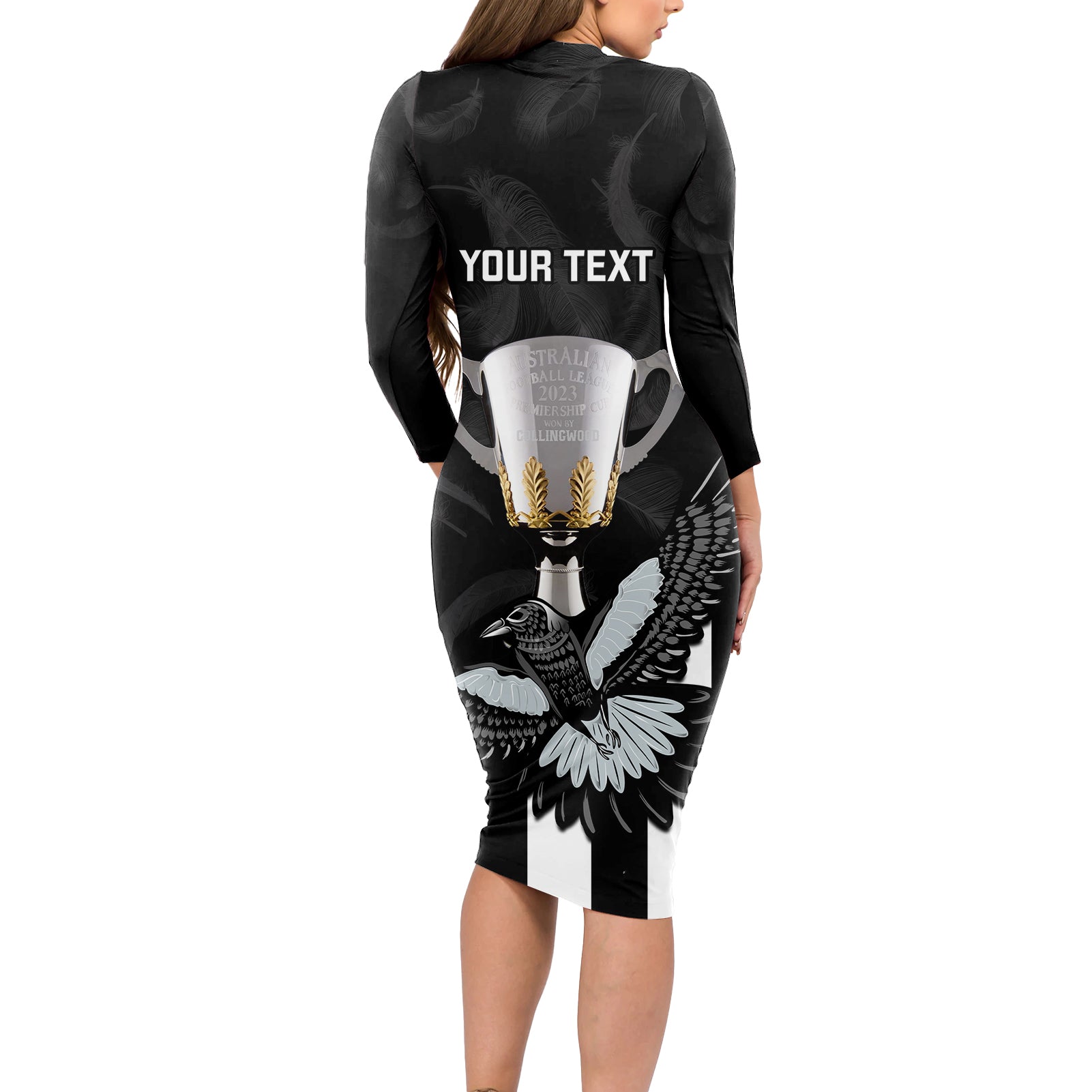 personalised-afl-collingwood-long-sleeve-bodycon-dress-magpies-premiers-2023-with-trophy-proud