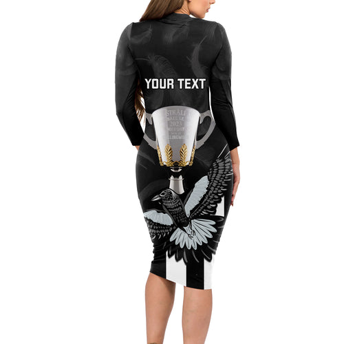 personalised-afl-collingwood-long-sleeve-bodycon-dress-magpies-premiers-2023-with-trophy-proud