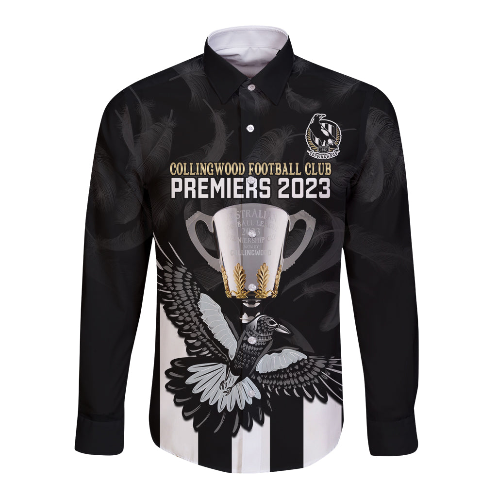 personalised-afl-collingwood-long-sleeve-button-shirt-magpies-premiers-2023-with-trophy-proud