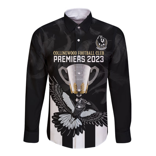 personalised-afl-collingwood-long-sleeve-button-shirt-magpies-premiers-2023-with-trophy-proud