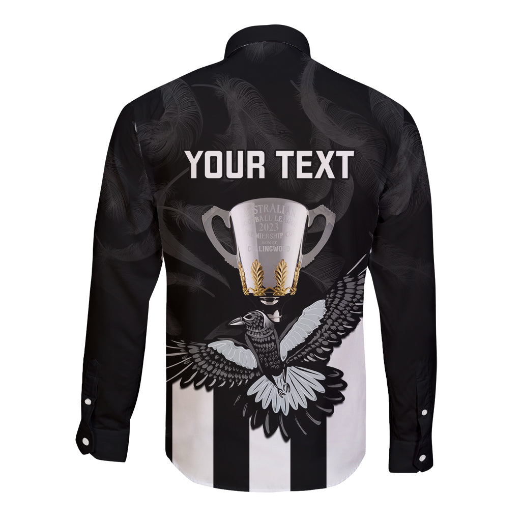 personalised-afl-collingwood-long-sleeve-button-shirt-magpies-premiers-2023-with-trophy-proud