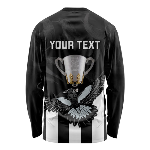 personalised-afl-collingwood-long-sleeve-shirt-magpies-premiers-2023-with-trophy-proud