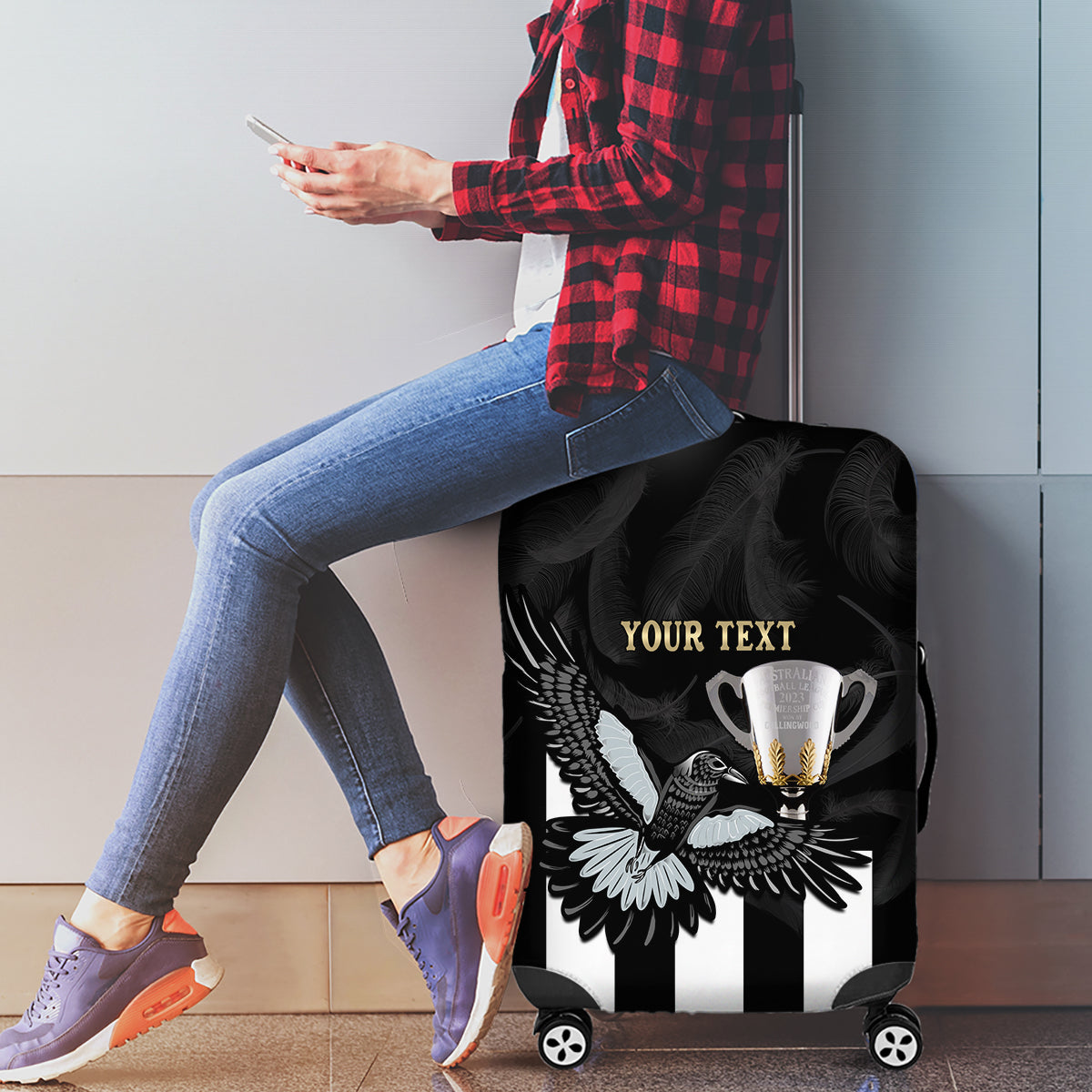 Personalised AFL Collingwood Luggage Cover Magpies Premiers 2023 With Trophy Proud LT14