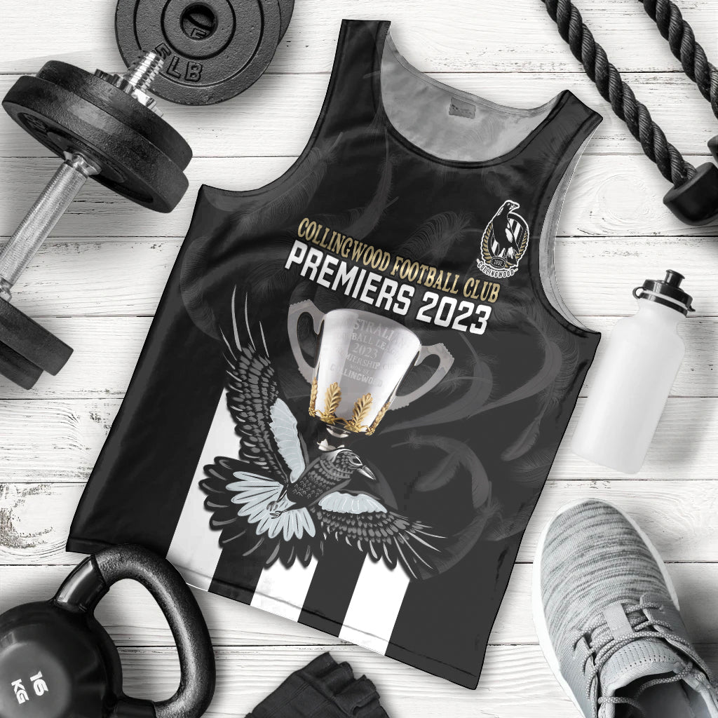 personalised-afl-collingwood-men-tank-top-magpies-premiers-2023-with-trophy-proud