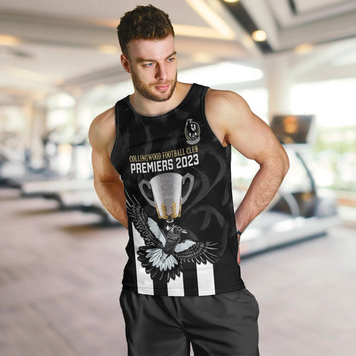 personalised-afl-collingwood-men-tank-top-magpies-premiers-2023-with-trophy-proud