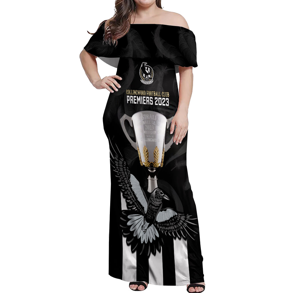 personalised-afl-collingwood-off-shoulder-maxi-dress-magpies-premiers-2023-with-trophy-proud