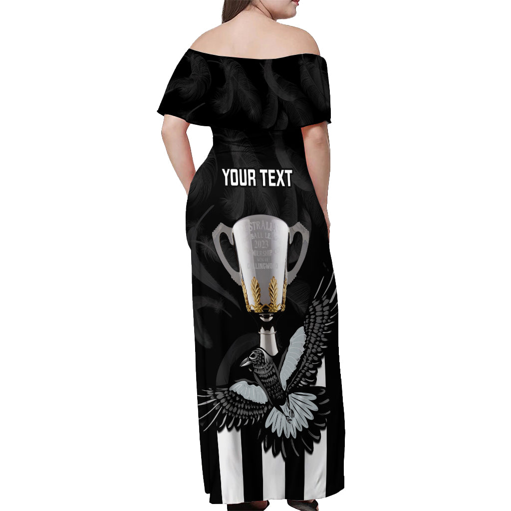 personalised-afl-collingwood-off-shoulder-maxi-dress-magpies-premiers-2023-with-trophy-proud