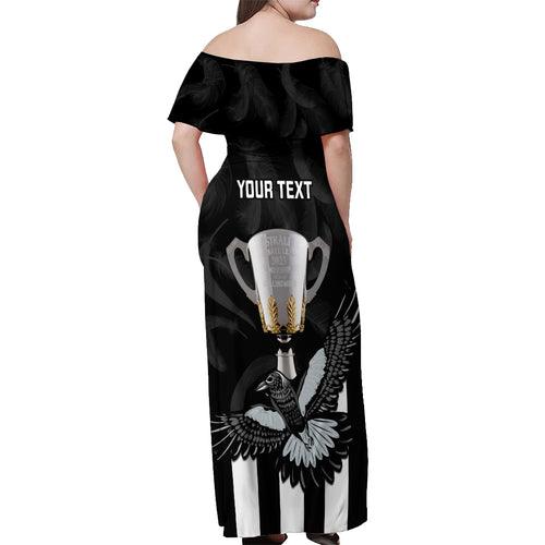 personalised-afl-collingwood-off-shoulder-maxi-dress-magpies-premiers-2023-with-trophy-proud