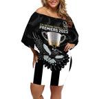 personalised-afl-collingwood-off-shoulder-short-dress-magpies-premiers-2023-with-trophy-proud