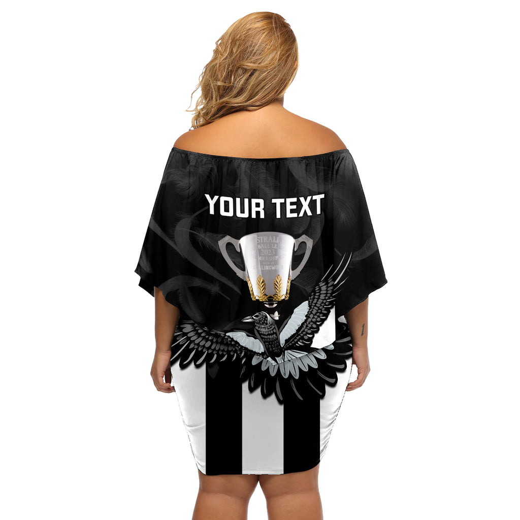 personalised-afl-collingwood-off-shoulder-short-dress-magpies-premiers-2023-with-trophy-proud