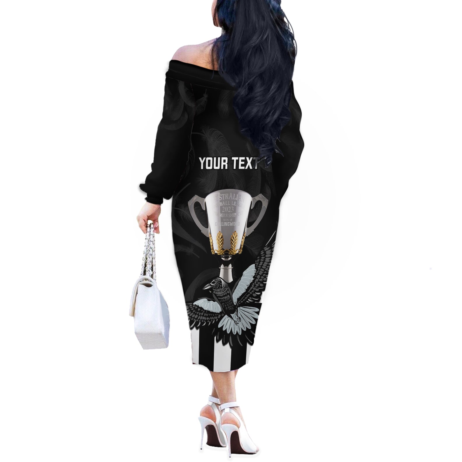 personalised-afl-collingwood-off-the-shoulder-long-sleeve-dress-magpies-premiers-2023-with-trophy-proud