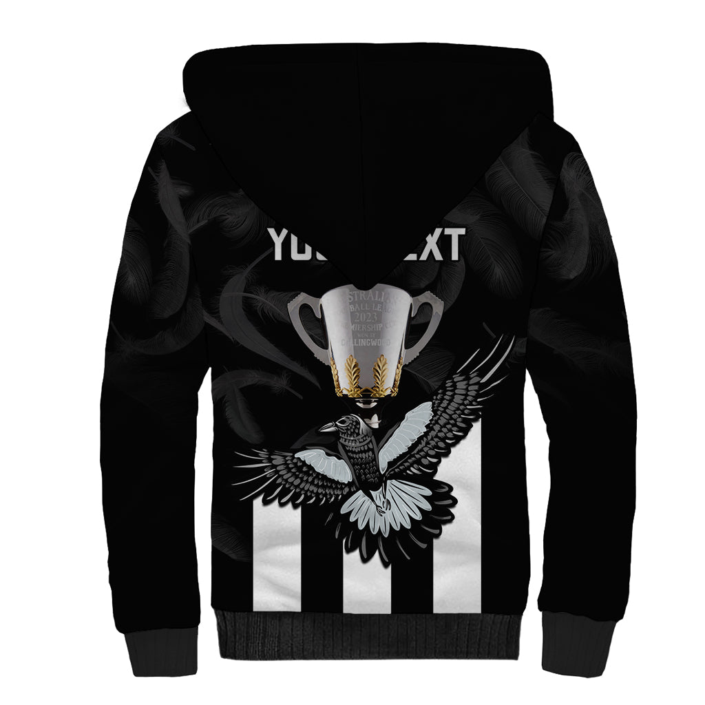 personalised-afl-collingwood-sherpa-hoodie-magpies-premiers-2023-with-trophy-proud