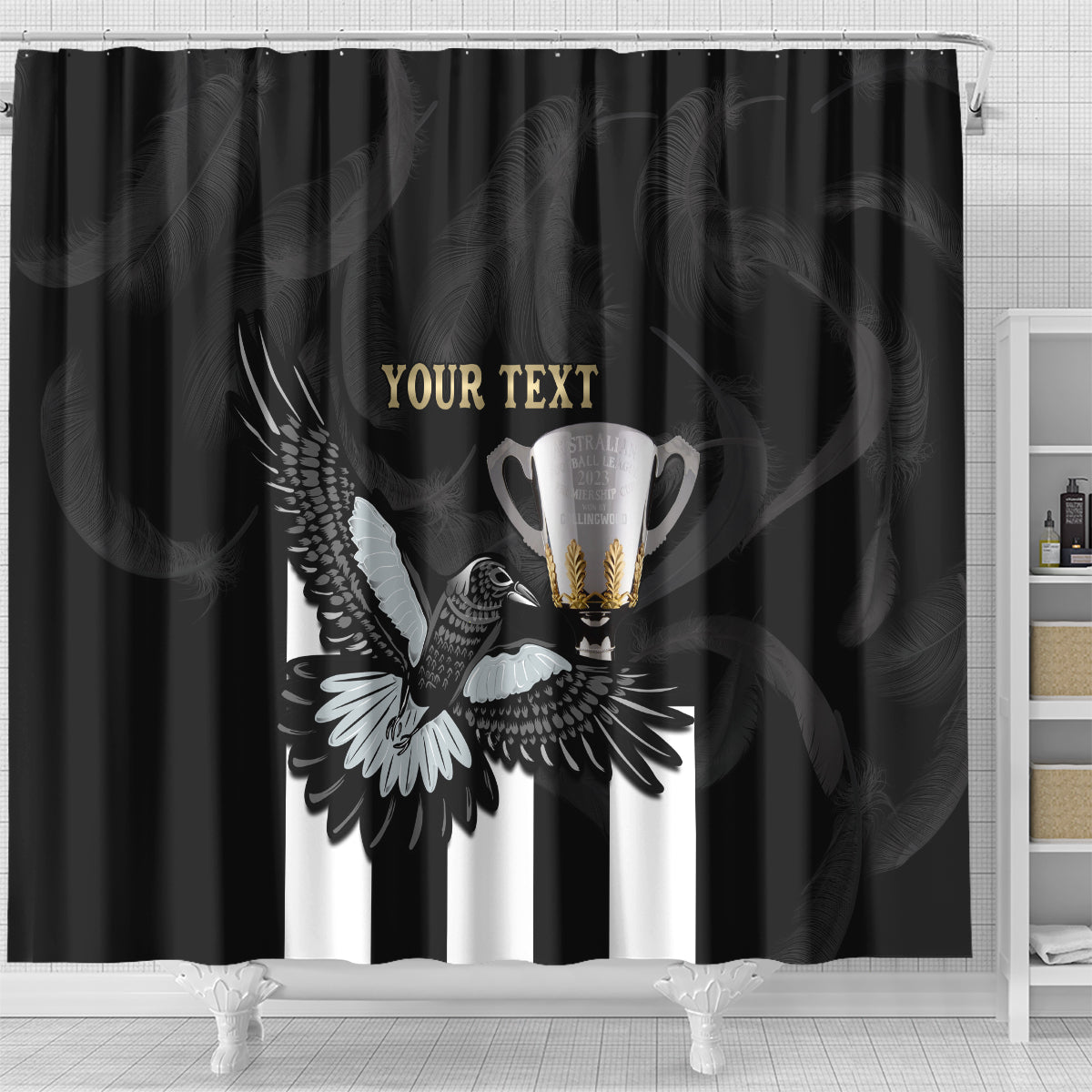 Personalised AFL Collingwood Shower Curtain Magpies Premiers 2023 With Trophy Proud LT14