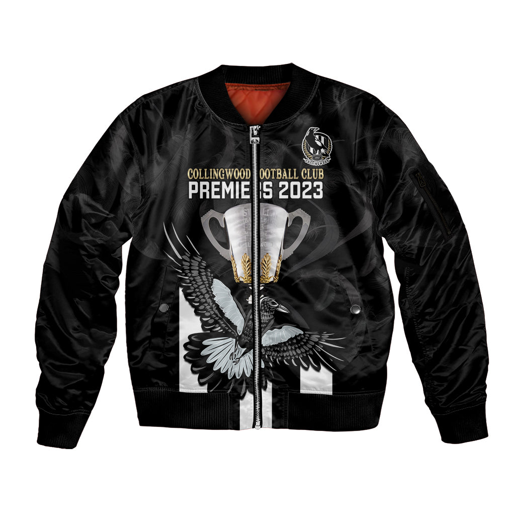 personalised-afl-collingwood-sleeve-zip-bomber-jacket-magpies-premiers-2023-with-trophy-proud