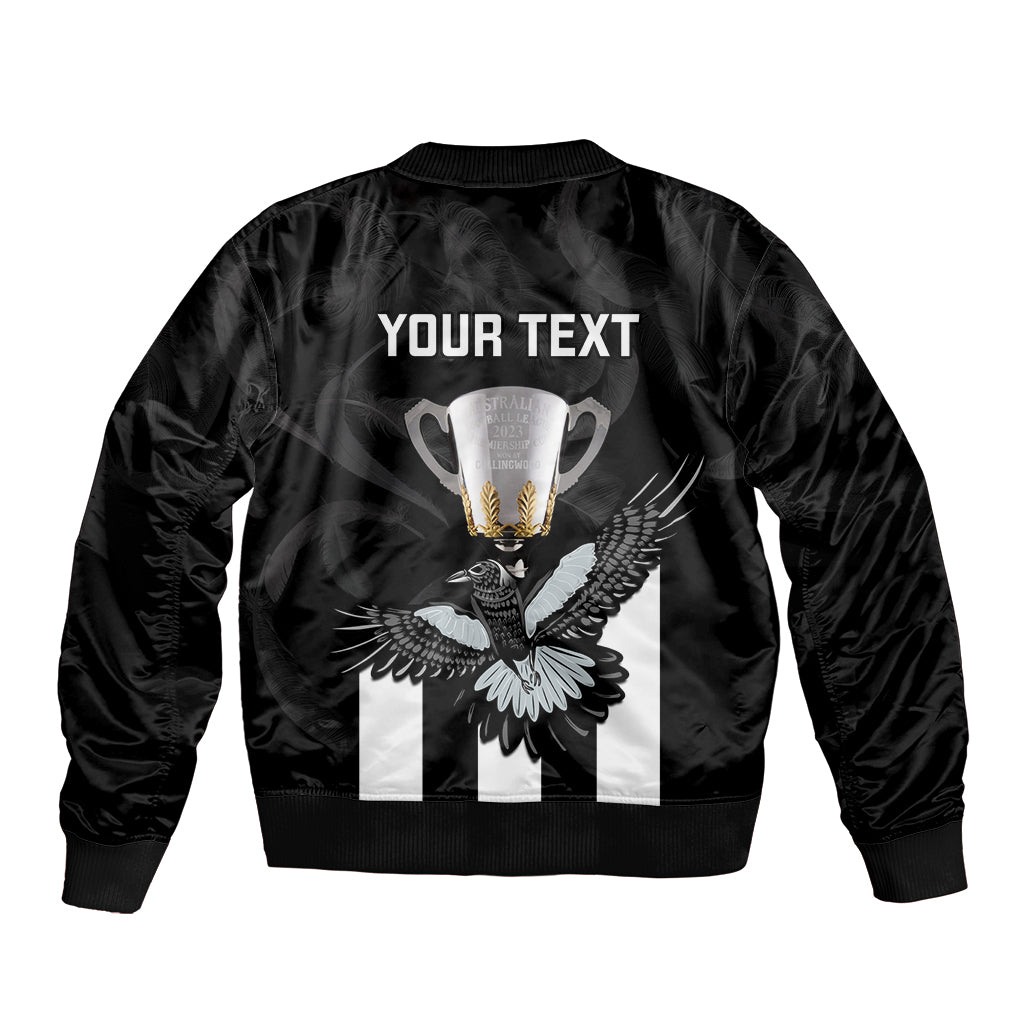 personalised-afl-collingwood-sleeve-zip-bomber-jacket-magpies-premiers-2023-with-trophy-proud