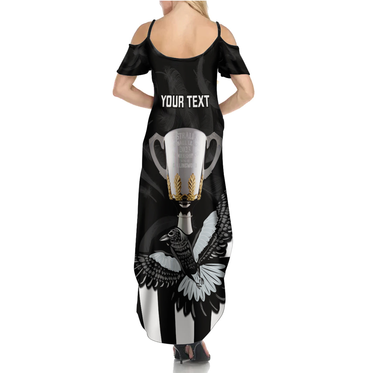 personalised-afl-collingwood-summer-maxi-dress-magpies-premiers-2023-with-trophy-proud