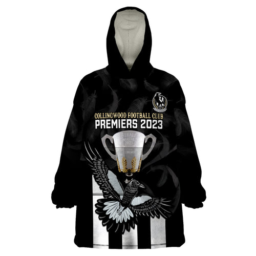 personalised-afl-collingwood-wearable-blanket-hoodie-magpies-premiers-2023-with-trophy-proud