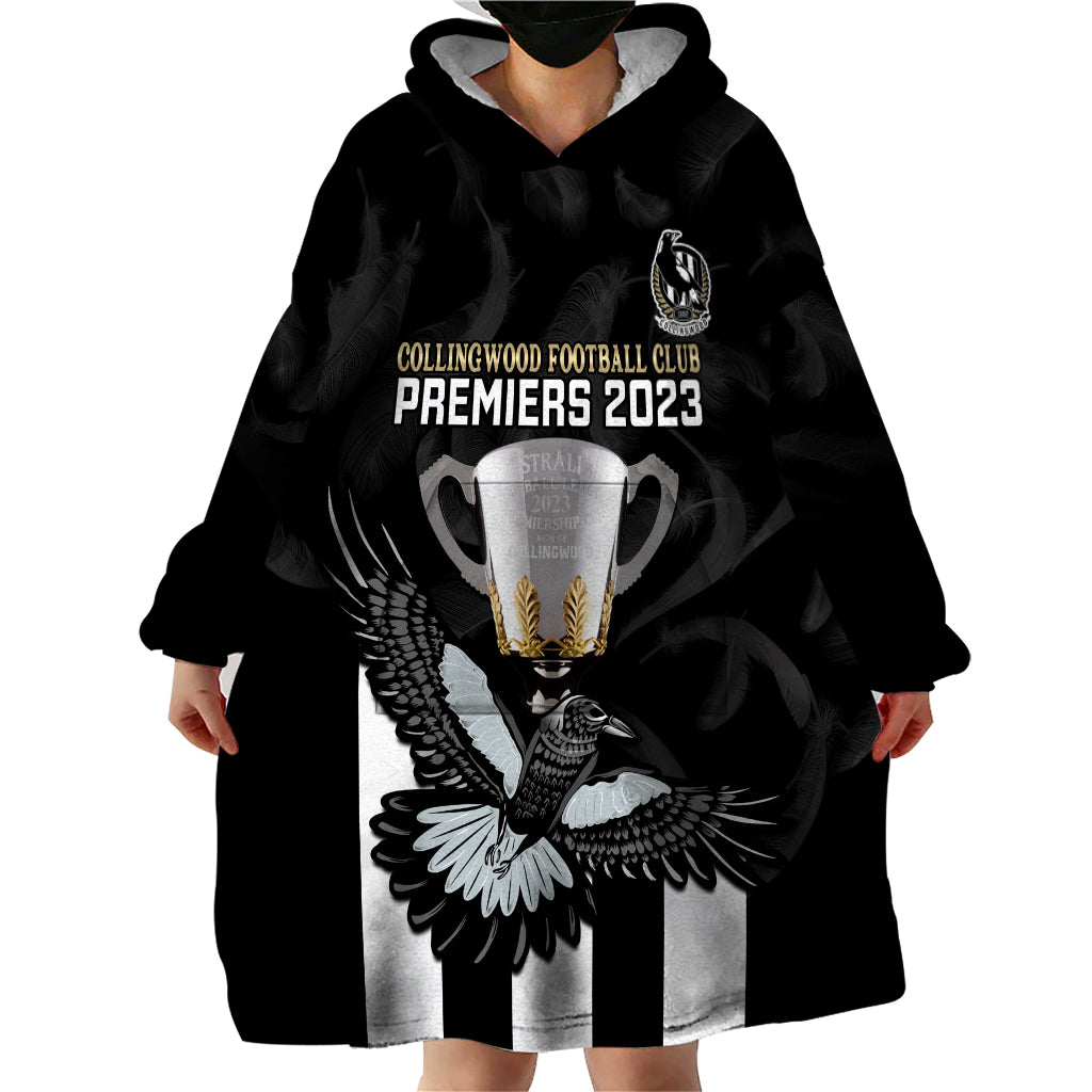 personalised-afl-collingwood-wearable-blanket-hoodie-magpies-premiers-2023-with-trophy-proud