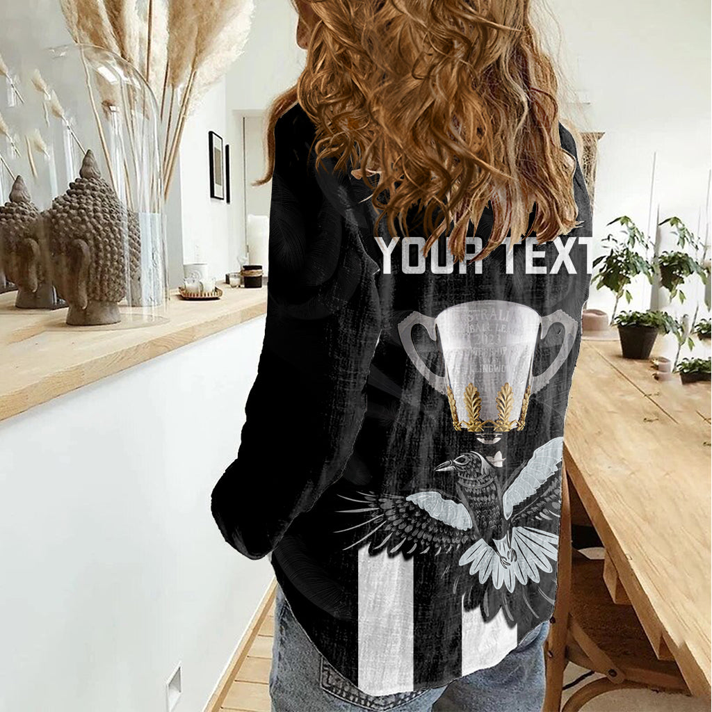 personalised-afl-collingwood-women-casual-shirt-magpies-premiers-2023-with-trophy-proud