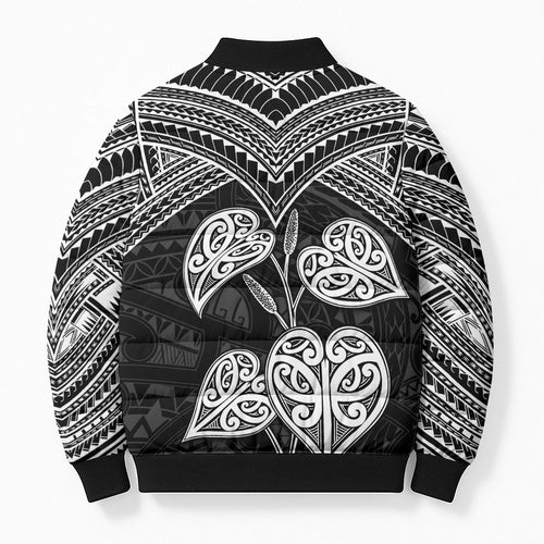 Black New Zealand Kawakawa Maori Ngaru Bomber Puffer Jacket