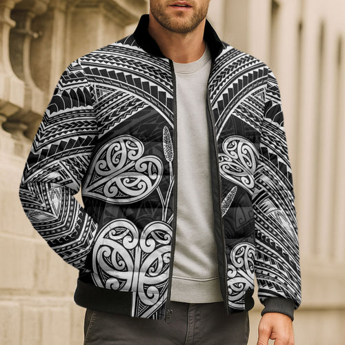 Black New Zealand Kawakawa Maori Ngaru Bomber Puffer Jacket