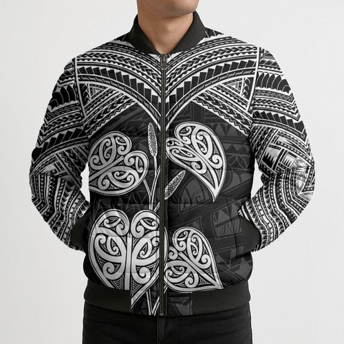 Black New Zealand Kawakawa Maori Ngaru Bomber Puffer Jacket