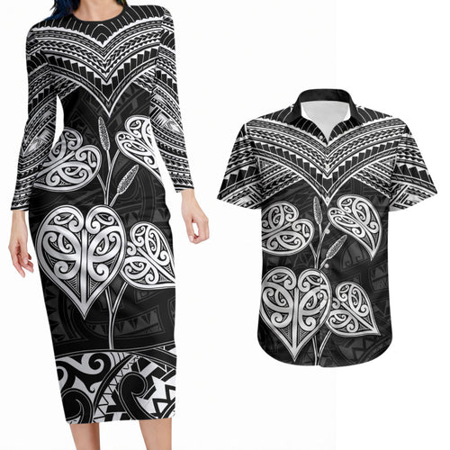 Black New Zealand Kawakawa Maori Ngaru Couples Matching Long Sleeve Bodycon Dress and Hawaiian Shirt