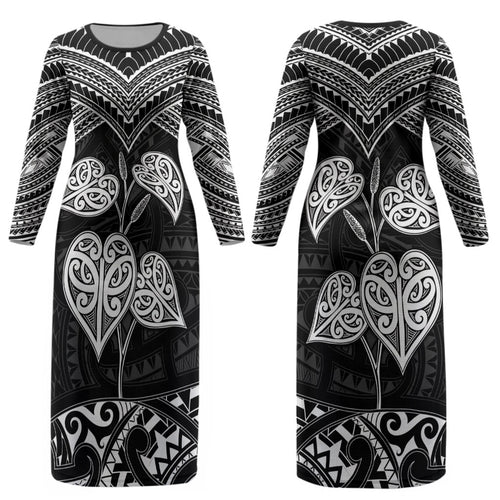 Black New Zealand Kawakawa Maori Ngaru Couples Matching Long Sleeve Bodycon Dress and Hawaiian Shirt