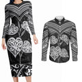 Black New Zealand Kawakawa Maori Ngaru Couples Matching Long Sleeve Bodycon Dress and Long Sleeve Button Shirt