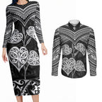 Black New Zealand Kawakawa Maori Ngaru Couples Matching Long Sleeve Bodycon Dress and Long Sleeve Button Shirt