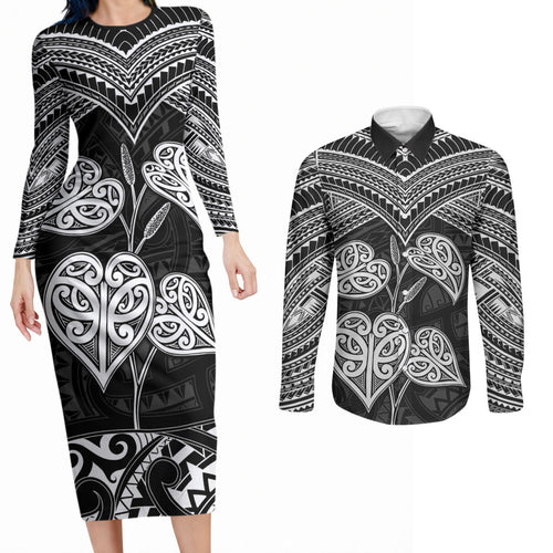 Black New Zealand Kawakawa Maori Ngaru Couples Matching Long Sleeve Bodycon Dress and Long Sleeve Button Shirt