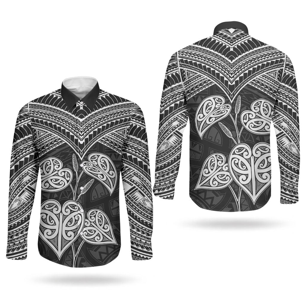 Black New Zealand Kawakawa Maori Ngaru Couples Matching Long Sleeve Bodycon Dress and Long Sleeve Button Shirt